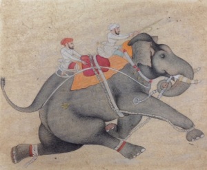 Two men on running elephant